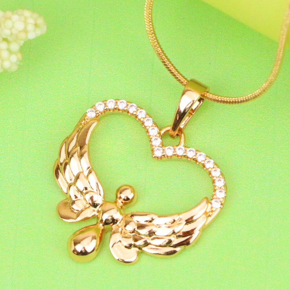 "Rose Gold Heart Pendant with Angel Wings and Crystal Accents, XPPT1251